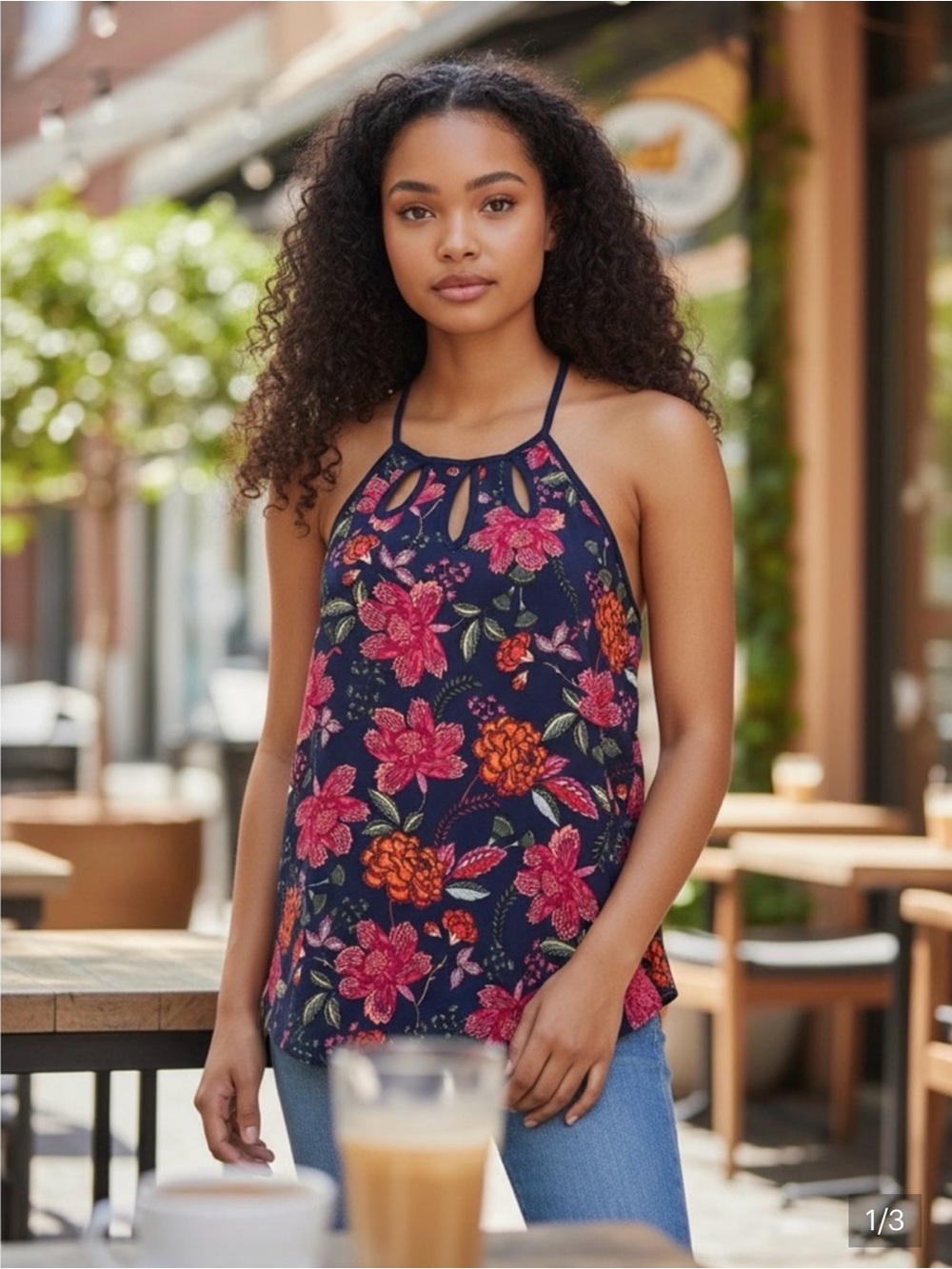 Papermoon Navy Floral Halter Top with Pink and Red Accents Size S